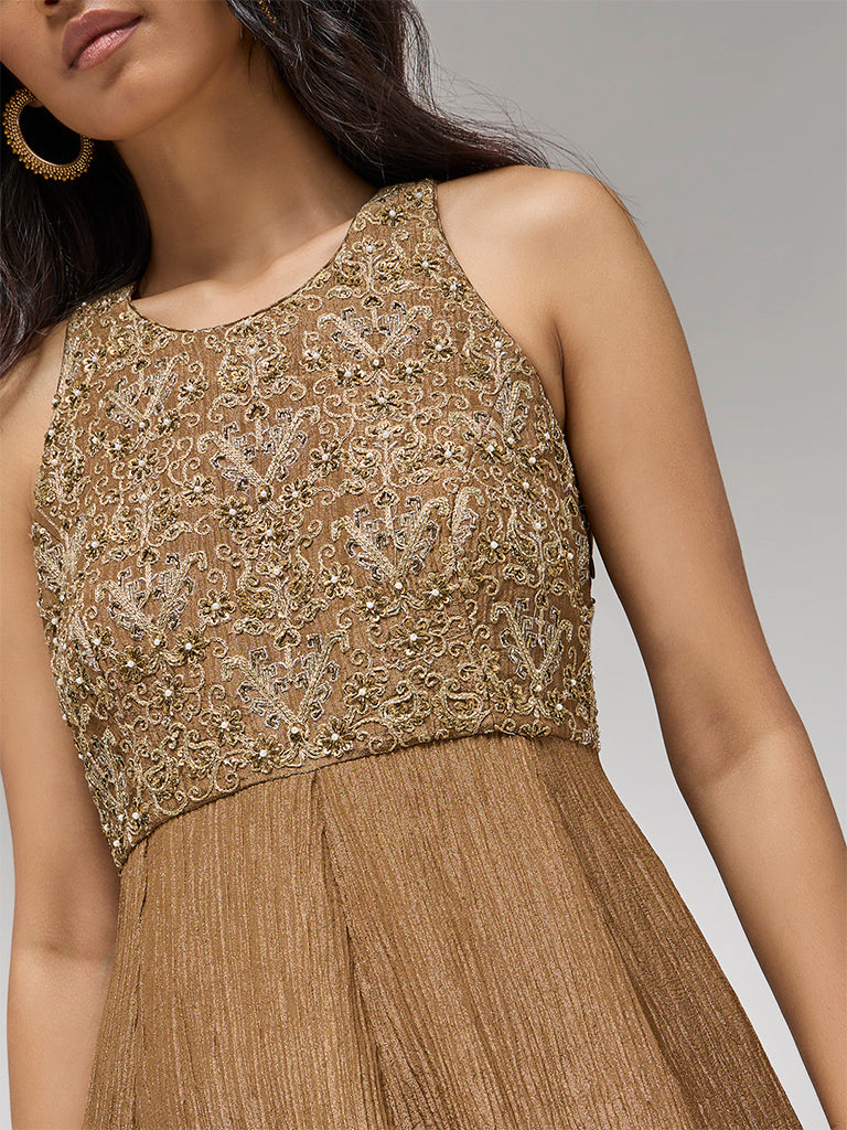 Embellished Tissue Maxi Dress – Brown
