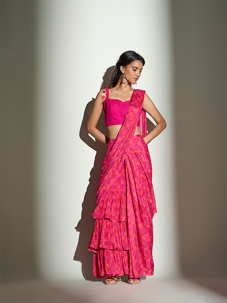 Printed Ruffle Saree – Fuchsia