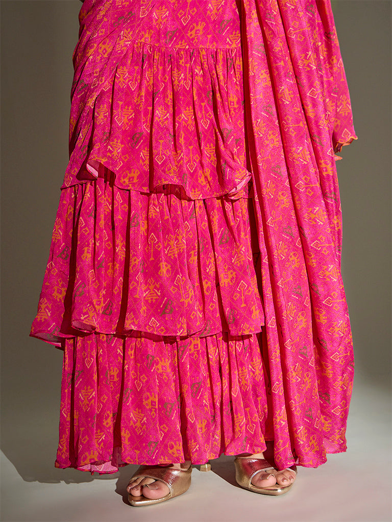 Printed Ruffle Saree – Fuchsia