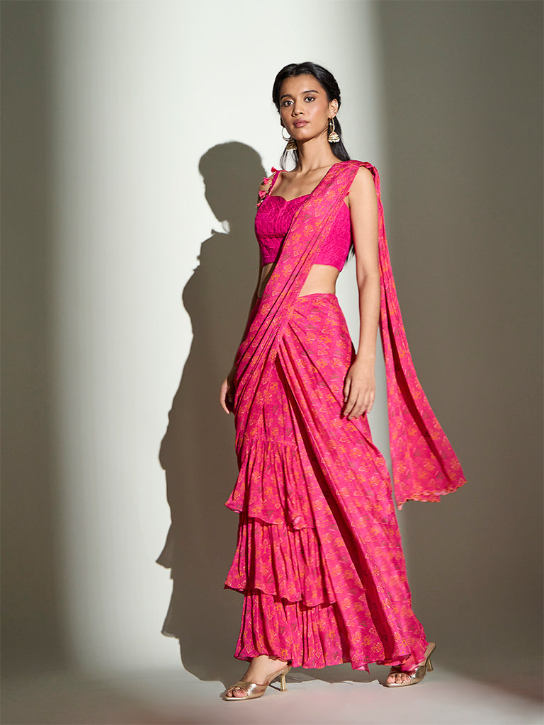 Printed Ruffle Saree – Fuchsia