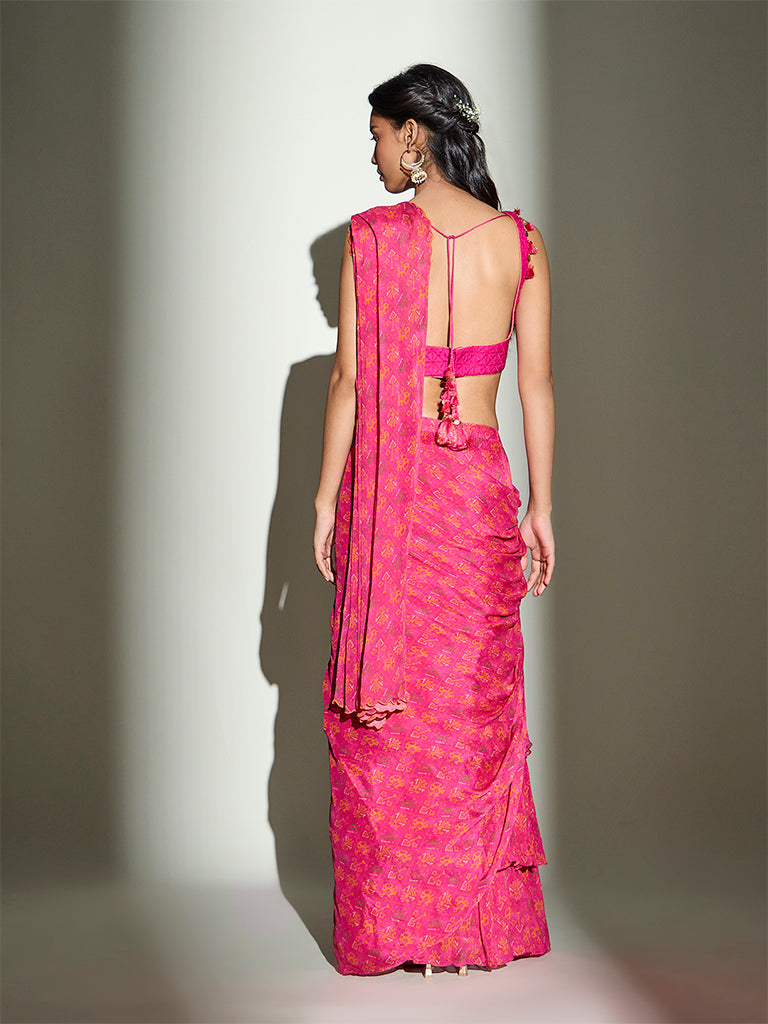 Printed Ruffle Saree – Fuchsia