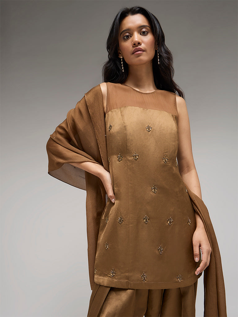 Embellished Kurta Set – Brown