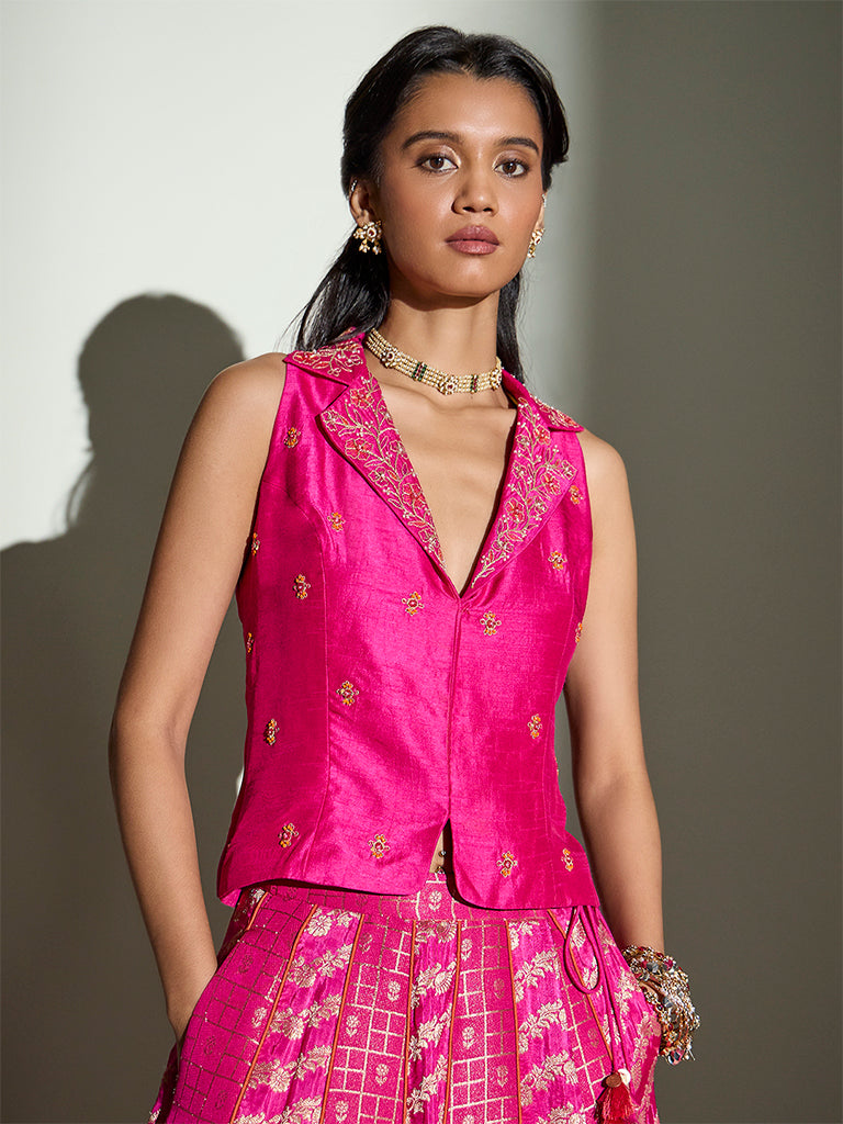 Floral Embroidered Waistcoat – Fuchsia