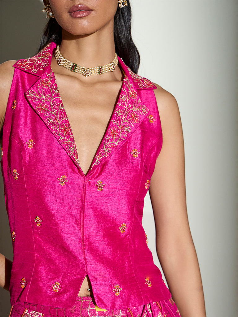 Floral Embroidered Waistcoat – Fuchsia