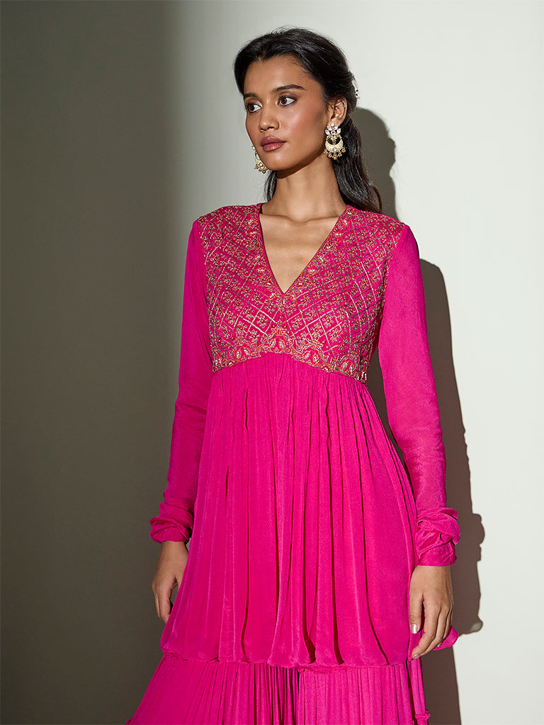 Floral Embroidered Kurta – Fuchsia