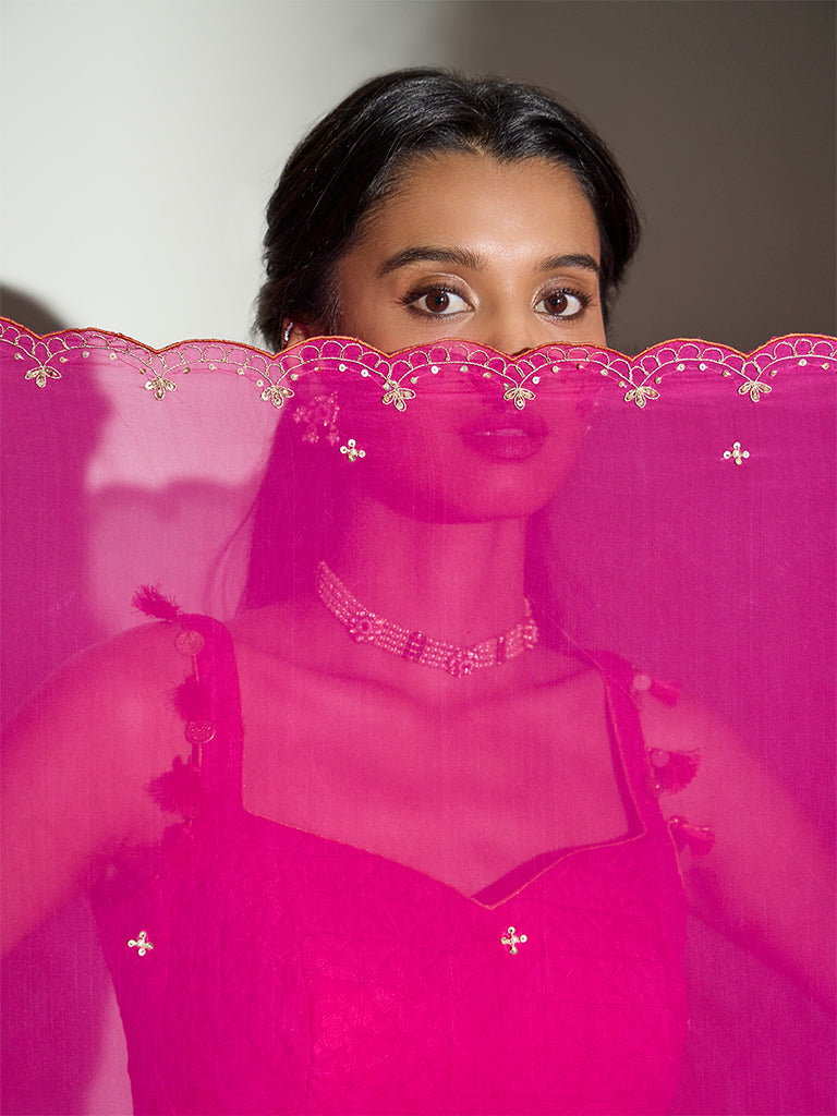 Scalloped Embroidered Dupatta – Fuchsia