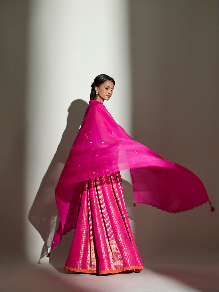 Scalloped Embroidered Dupatta – Fuchsia