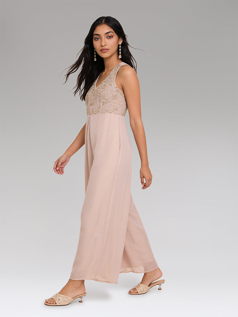Embellished Jumpsuit – Beige