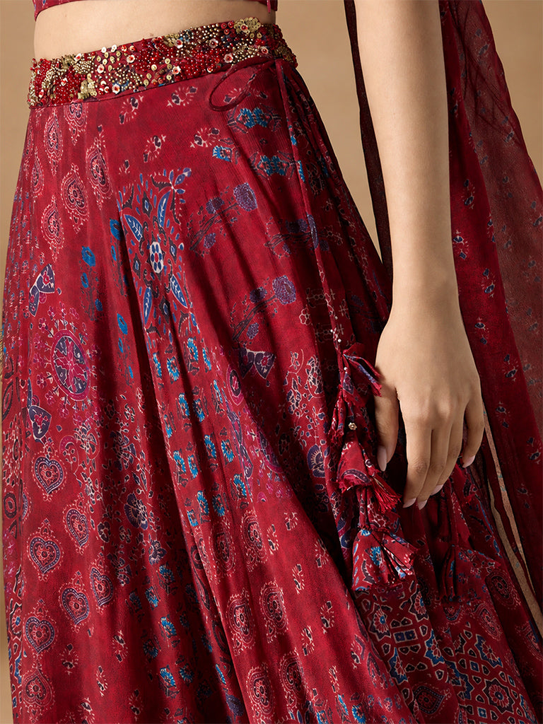 Samoh Printed Lehenga Skirt - Maroon