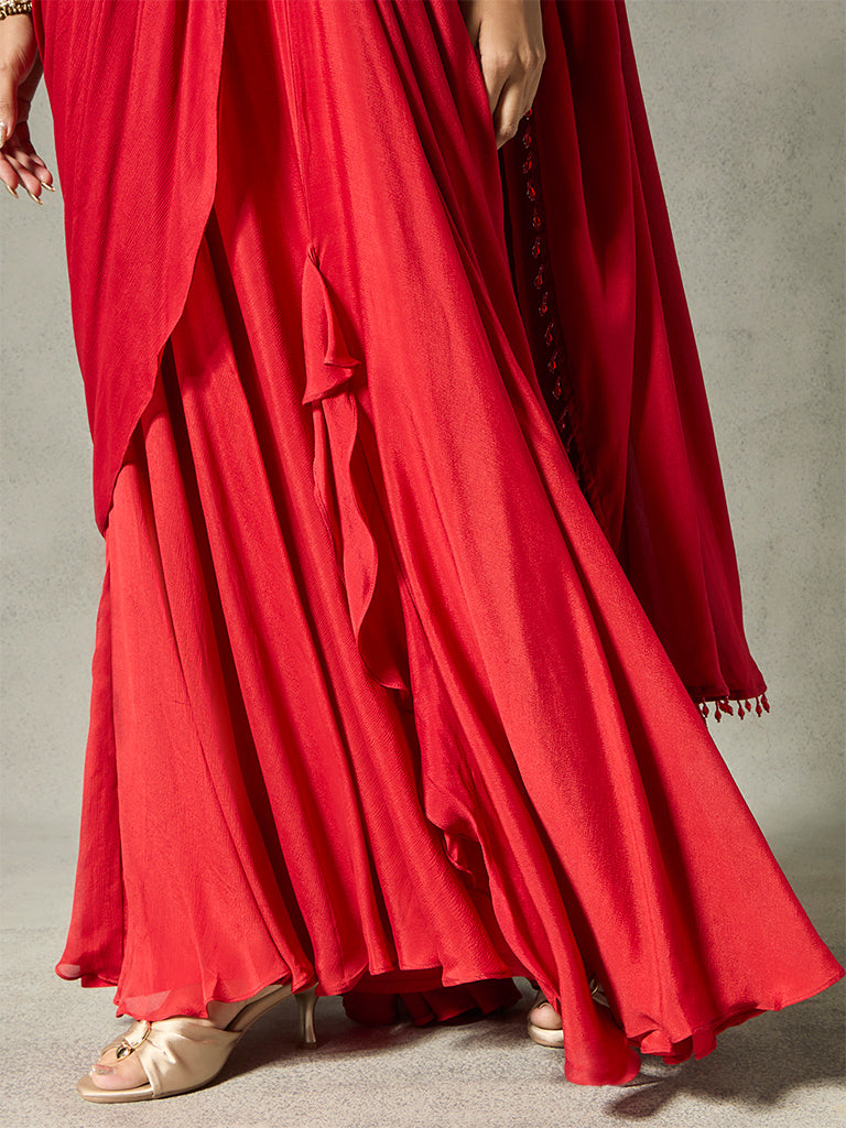 Ruffled Pre-Draped Saree - Red