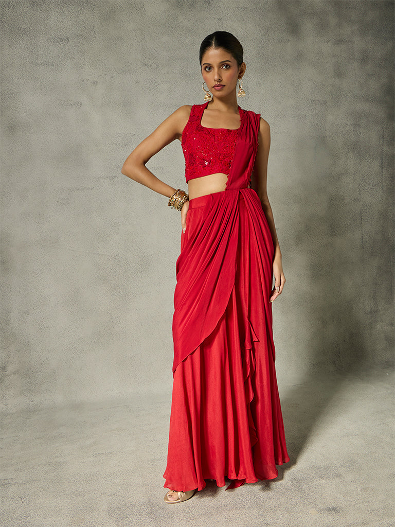 Ruffled Pre-Draped Saree - Red
