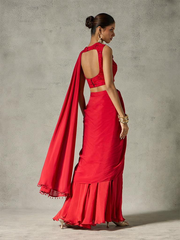 Ruffled Pre-Draped Saree - Red