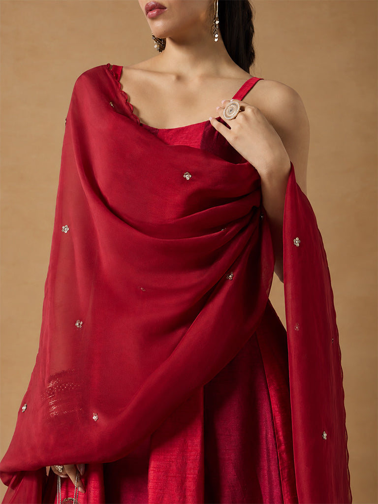 Samoh Paisley Embroidered Kurta Set with Dupatta  - Red