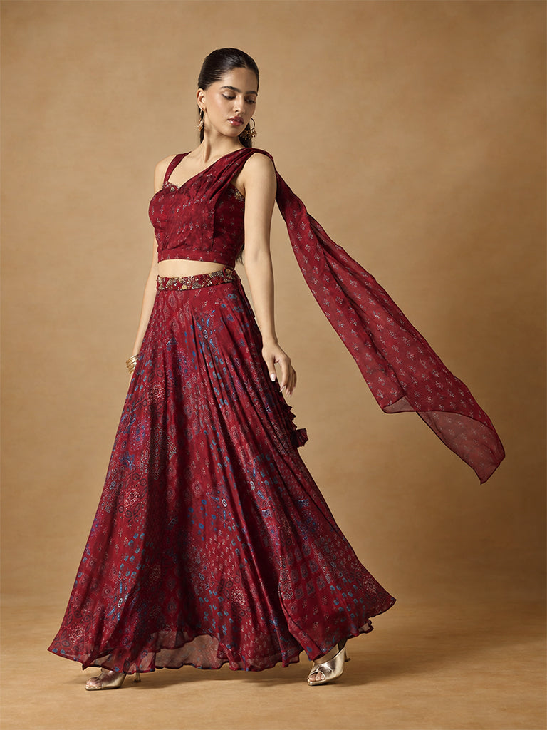 Samoh Printed Blouse with Attached Pallu - Maroon