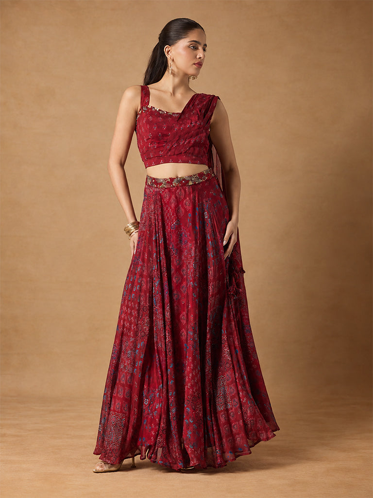 Samoh Printed Blouse with Attached Pallu - Maroon