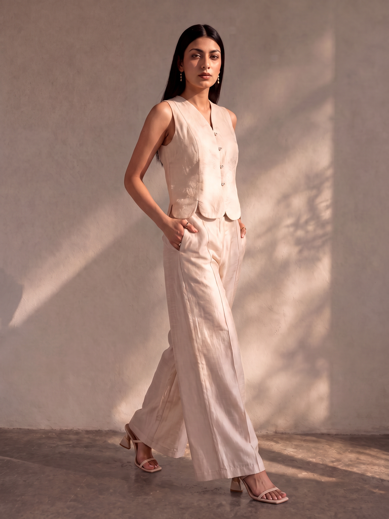 Printed Straight Pants - Beige