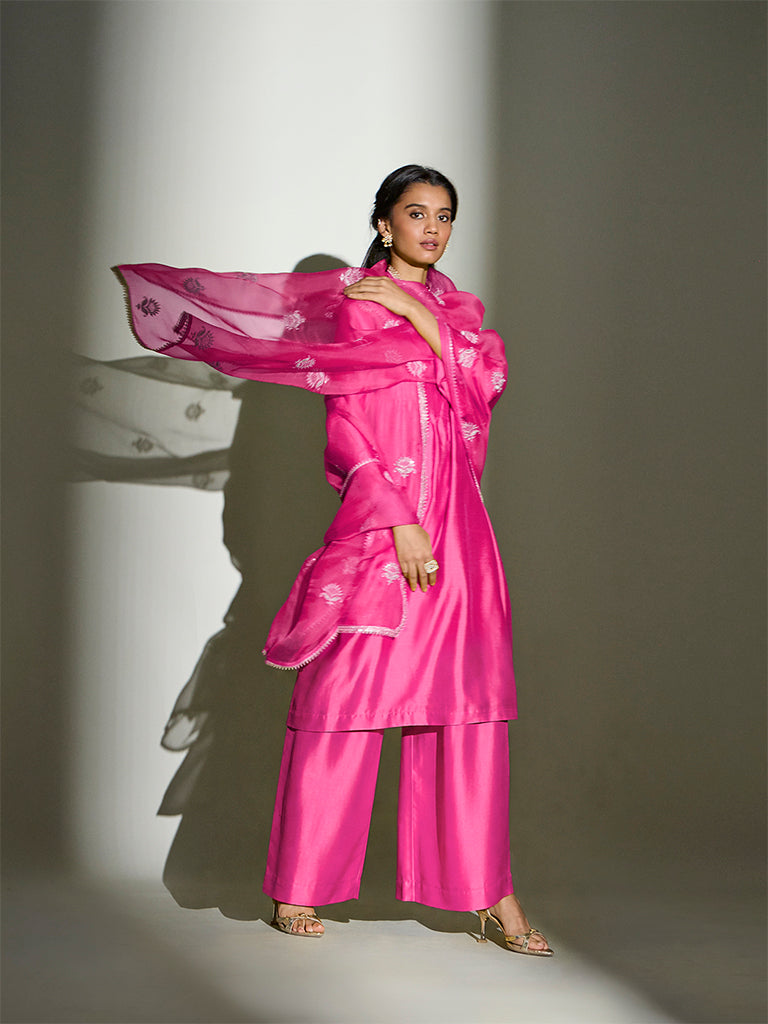 Pintuck-Detail Kurta Set – Lime Fuchsia
