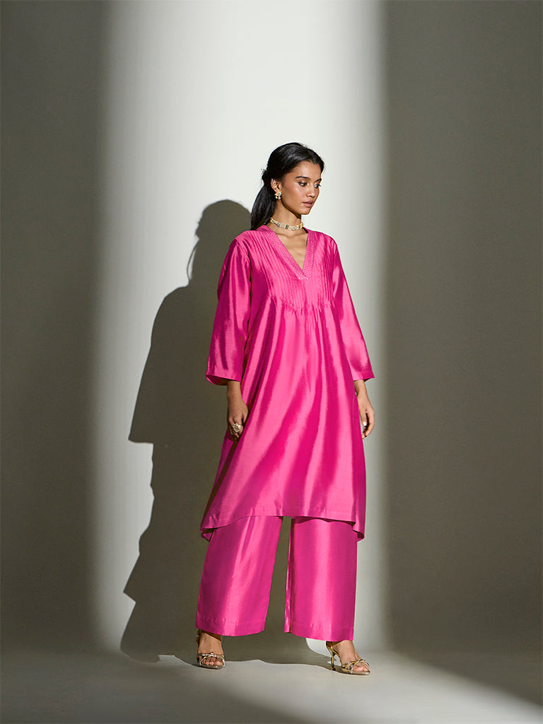Pintuck-Detail Kurta Set – Lime Fuchsia