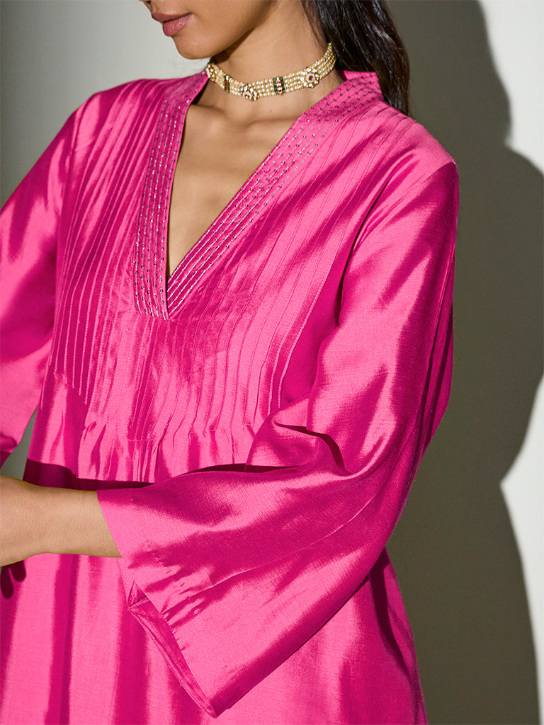 Pintuck-Detail Kurta Set – Lime Fuchsia