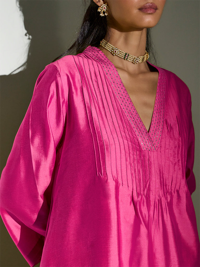Pintuck-Detail Kurta Set – Lime Fuchsia