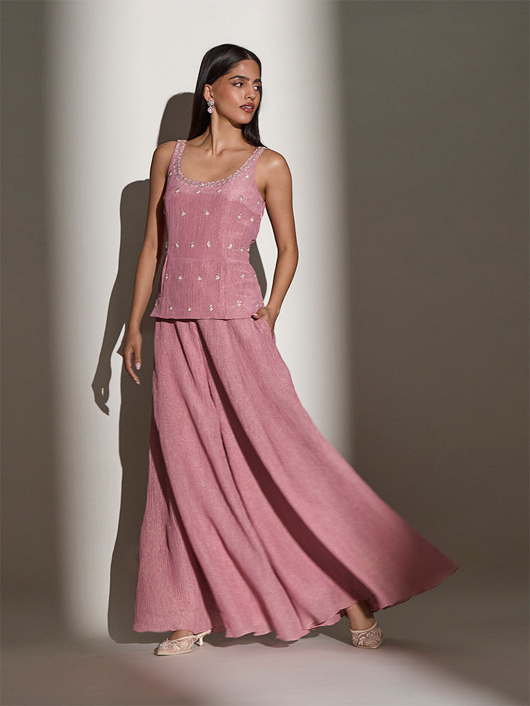 Wide-Leg Textured Palazzos - Pink