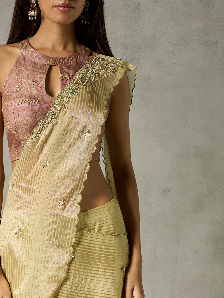 Embellished Saree with Detachable Pallu - Gold