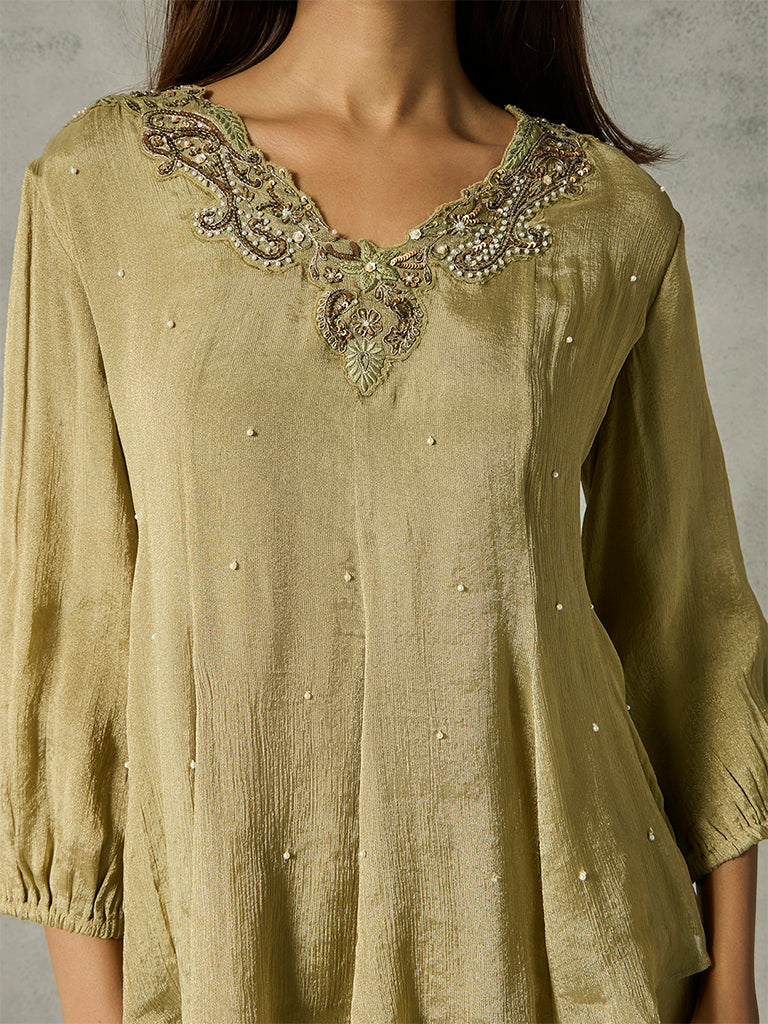 Embellished Kurta with Palazzos - Olive