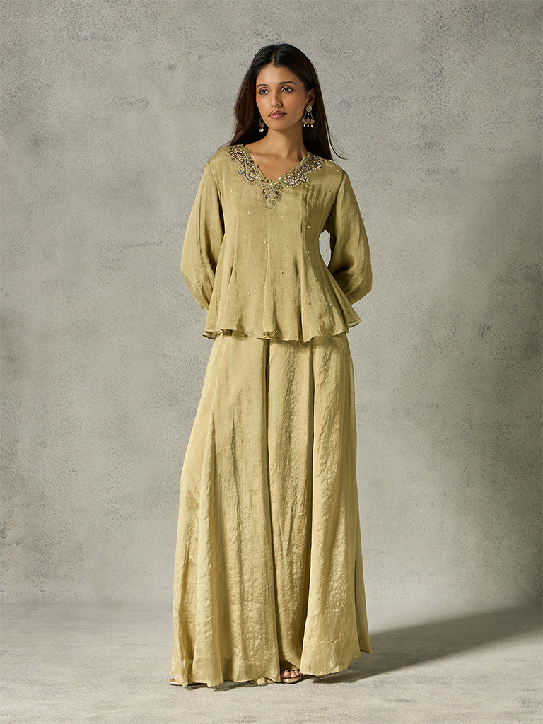 Embellished Kurta with Palazzos - Olive