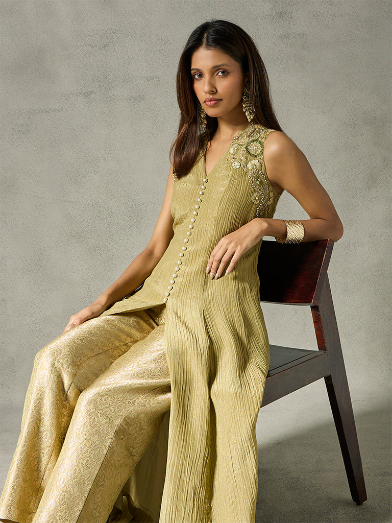 Embroidered Kurta with Brocade Pants - Olive