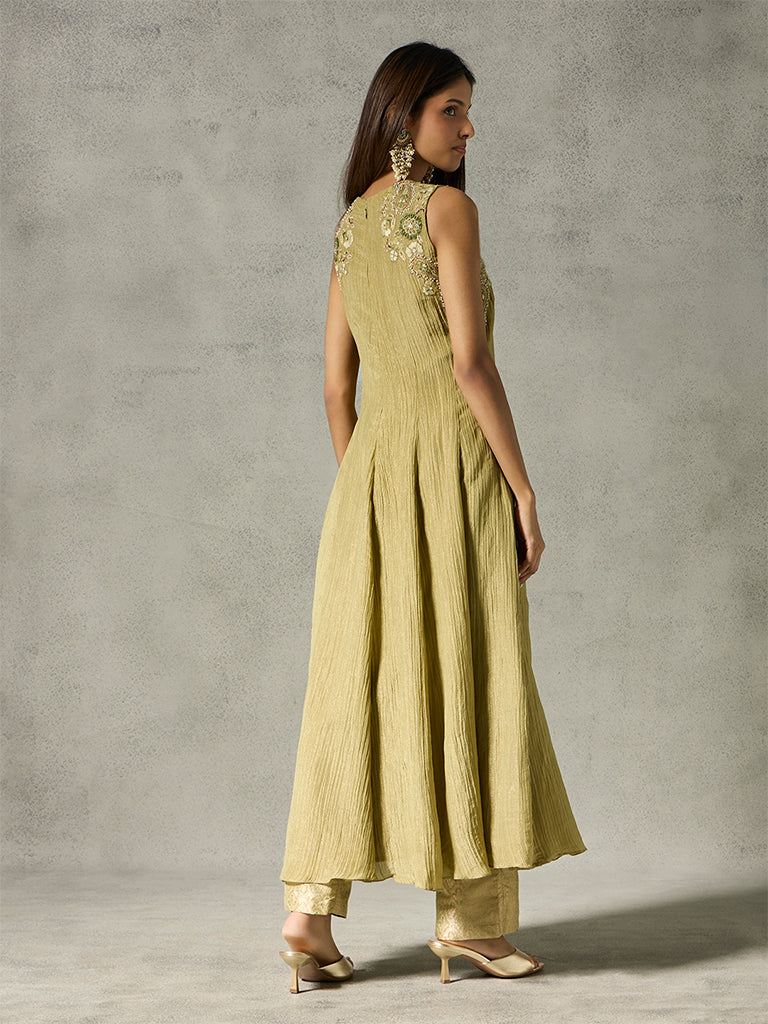 Embroidered Kurta with Brocade Pants - Olive