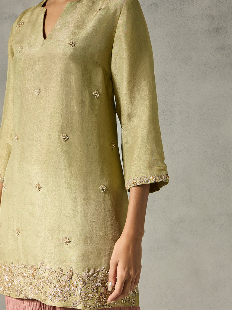 Embellished Kurta with Crushed Tissue Pants - Olive