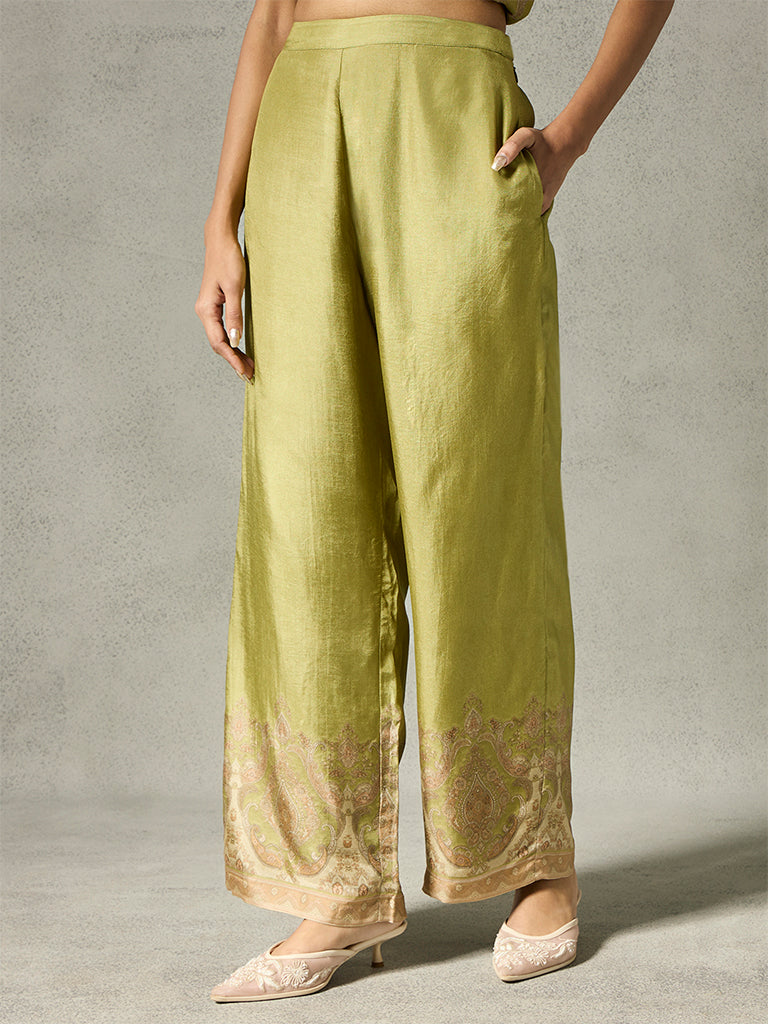 Paisley Printed Straight-Leg Pants - Green