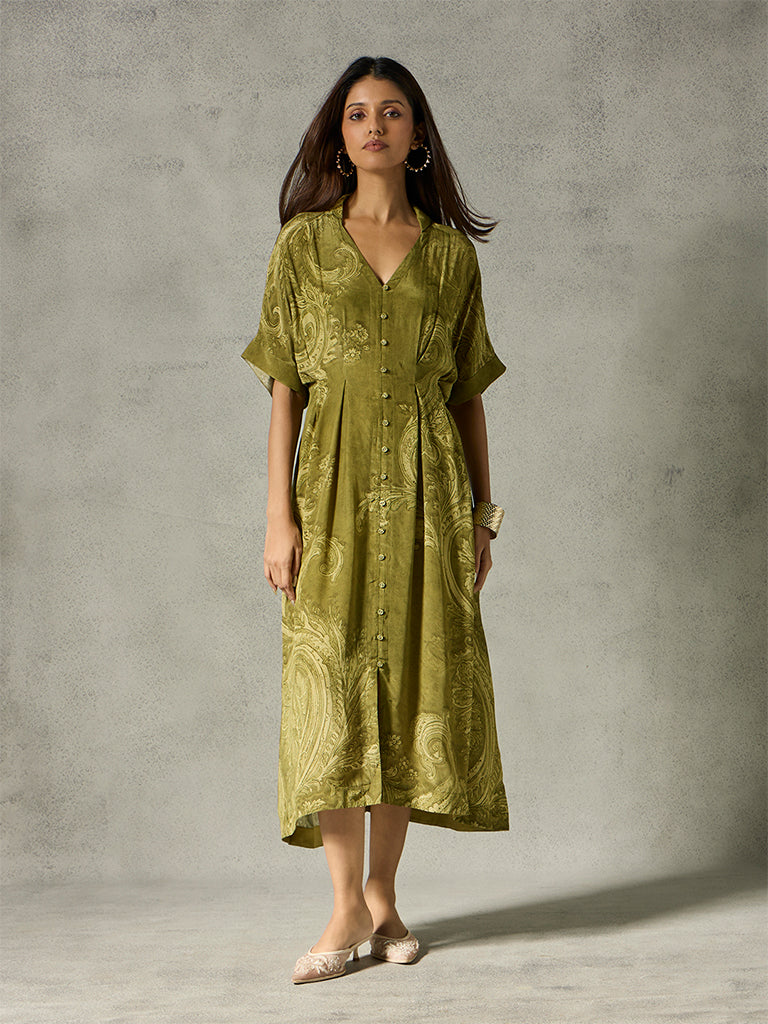 Paisley Printed Midi Dress - Olive