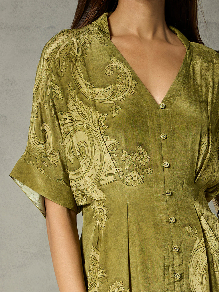 Paisley Printed Midi Dress - Olive