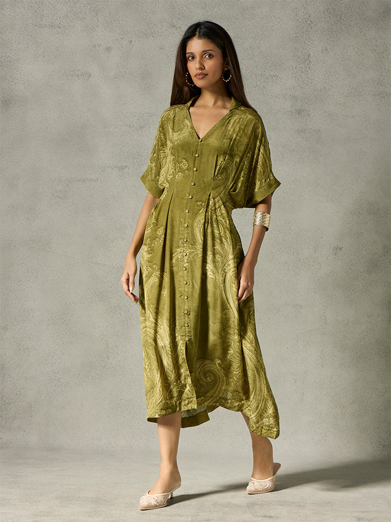 Paisley Printed Midi Dress - Olive