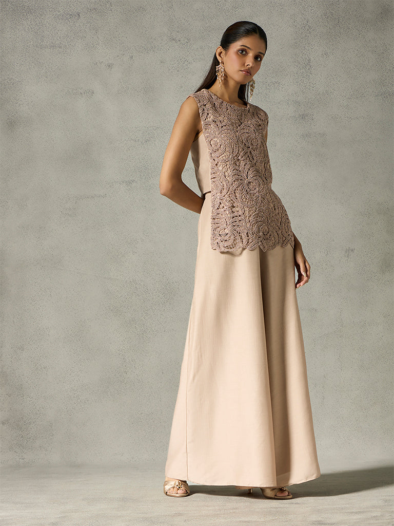 Lace Top with Wide-Leg Pants - Taupe