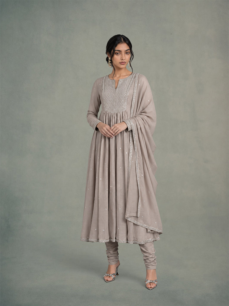 Embellished Anarkali Kurta Set - Taupe