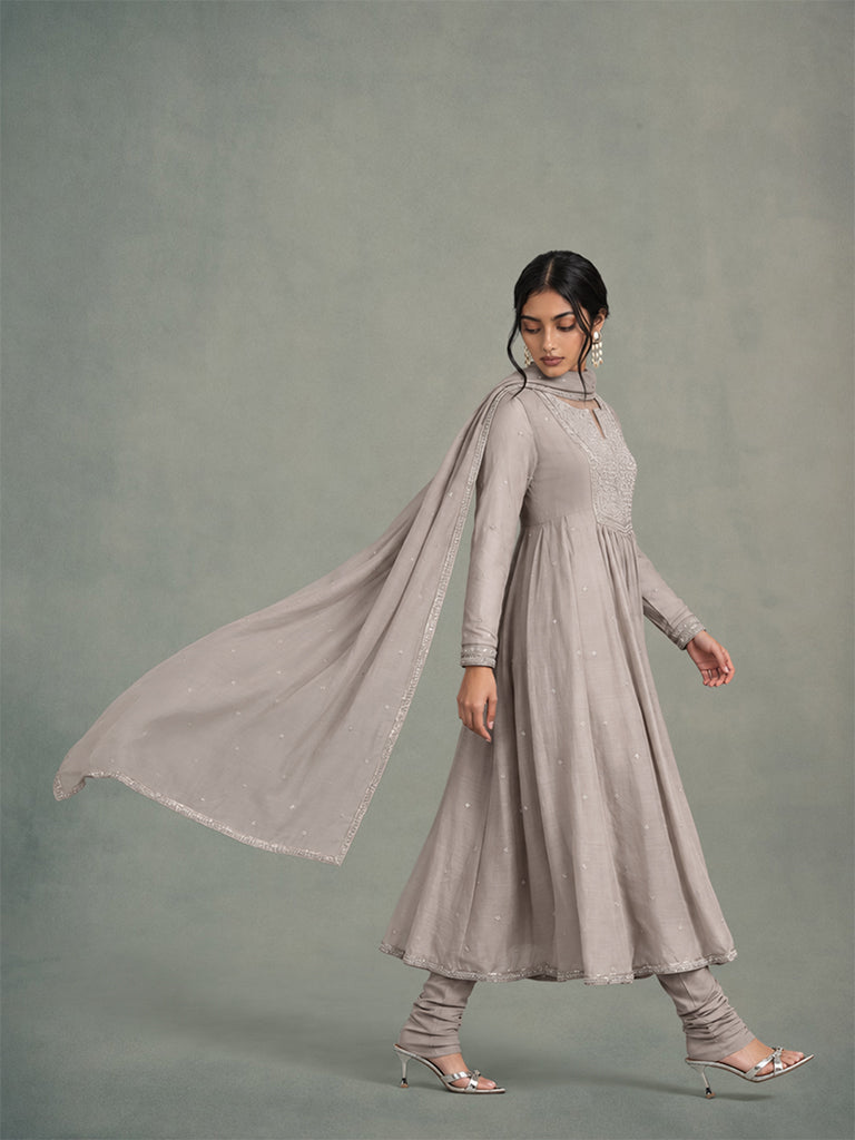 Embellished Anarkali Kurta Set - Taupe