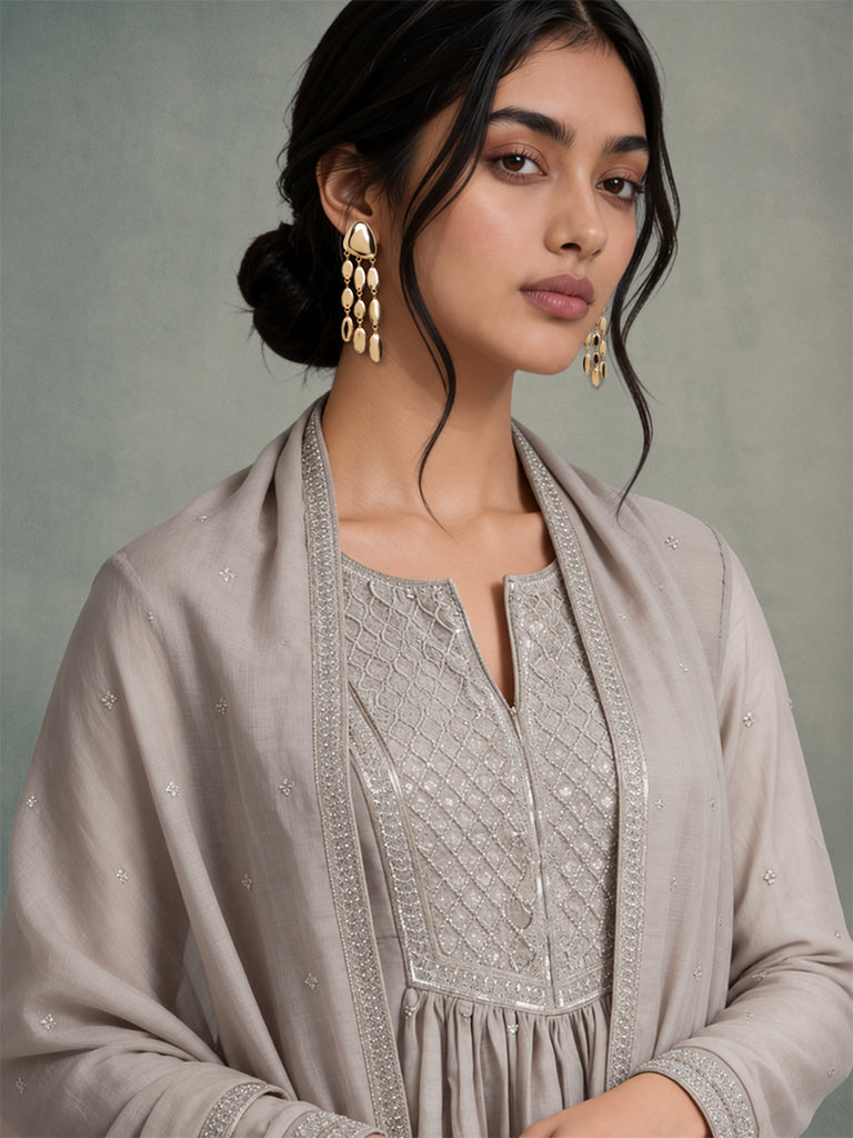 Embellished Anarkali Kurta Set - Taupe