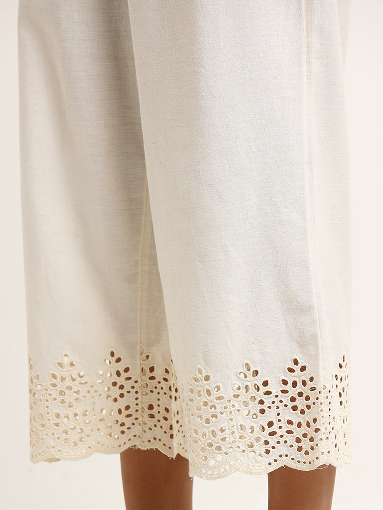 Utsa Off-White Schiffli Pants