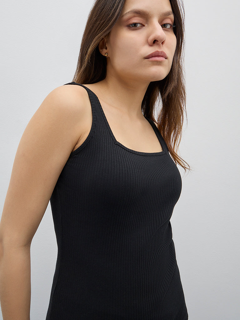 Wunderlove Black Ribbed Cotton-Blend Camisole