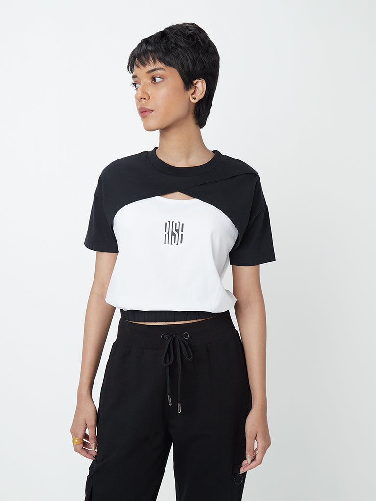 Westside Studiofit Women's Black and White Cotton-Blend T-Shirt for Sports Wear Front View