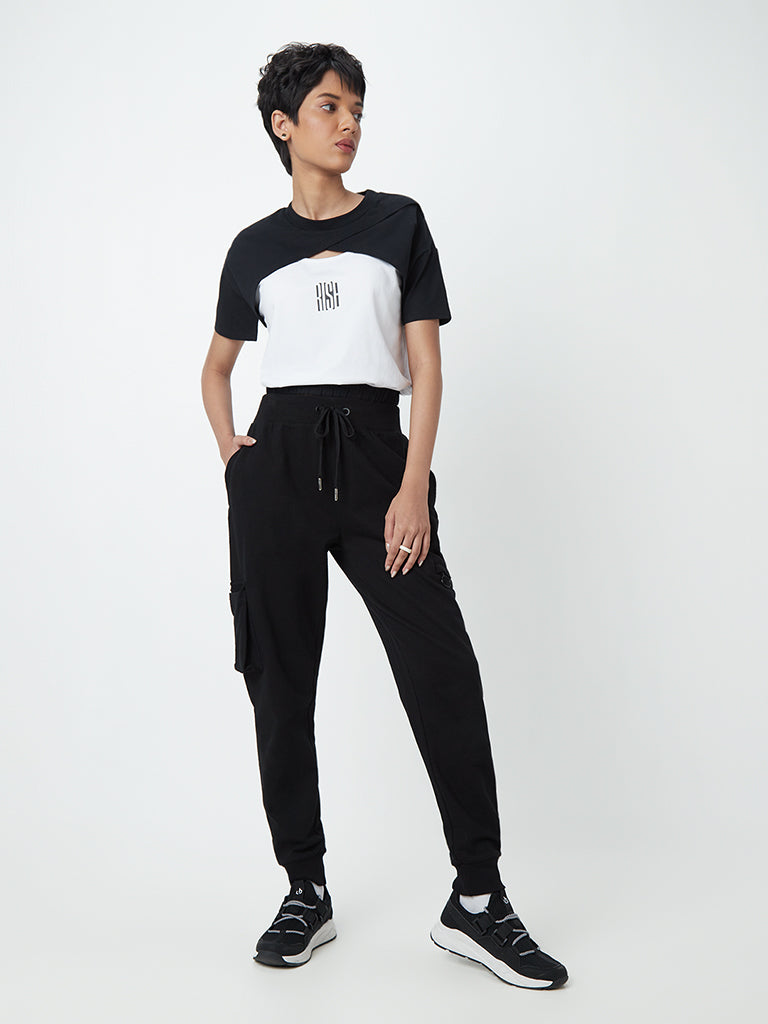 Westside Studiofit Women's Black and White Cotton-Blend T-Shirt for Sports Wear Full View