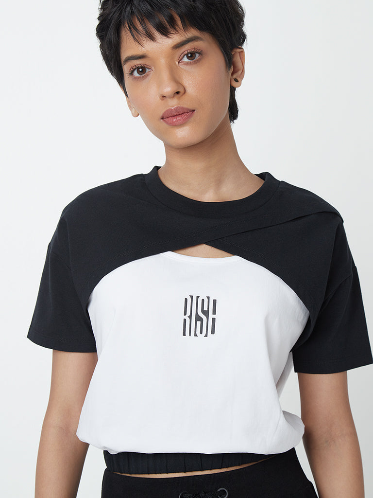 Westside Studiofit Women's Black and White Cotton-Blend T-Shirt for Sports Wear Front View