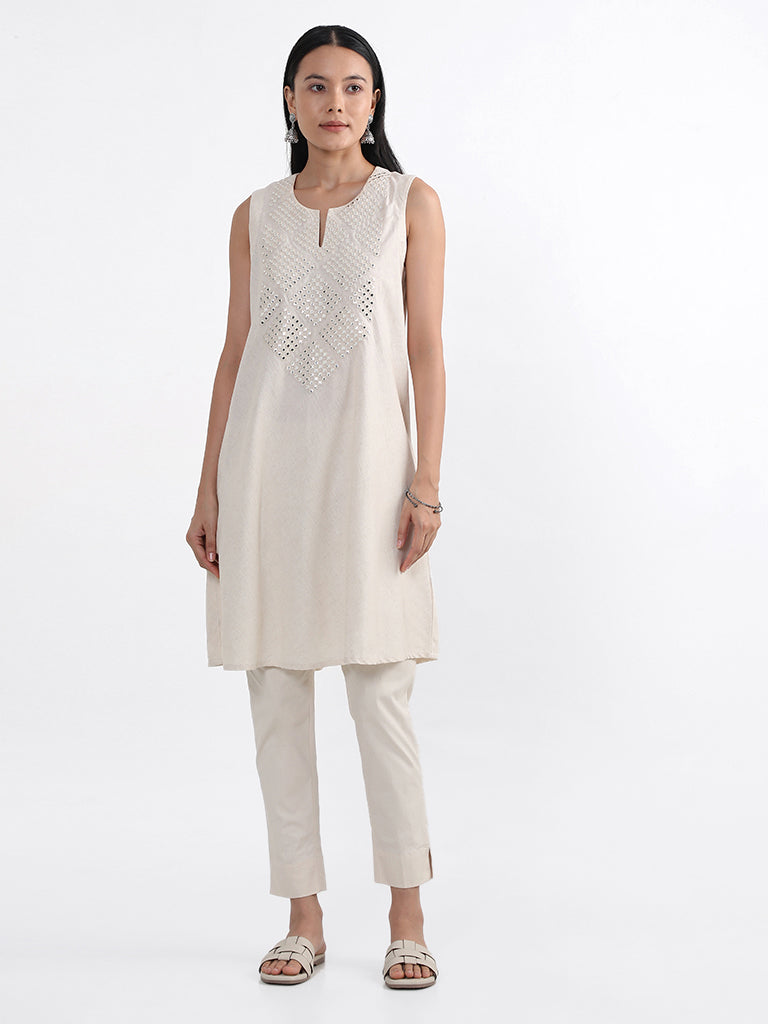 Utsa Off-White Mirror Embroidered Cotton Kurta