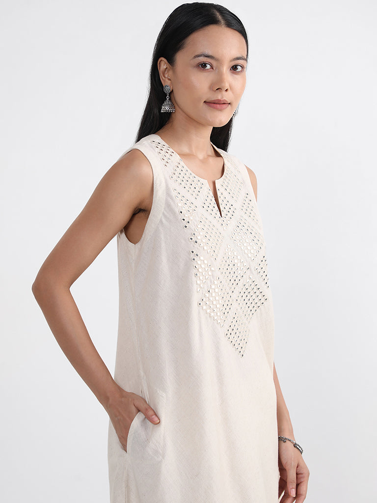 Utsa Off-White Mirror Embroidered Cotton Kurta