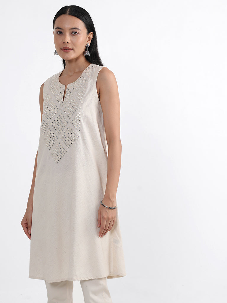 Utsa Off-White Mirror Embroidered Cotton Kurta