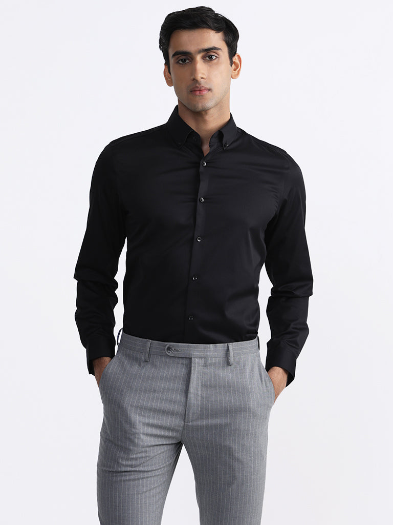 Westside WES Formals Men's Plain Black Slim-Fit Shirt for Work Wear Front View