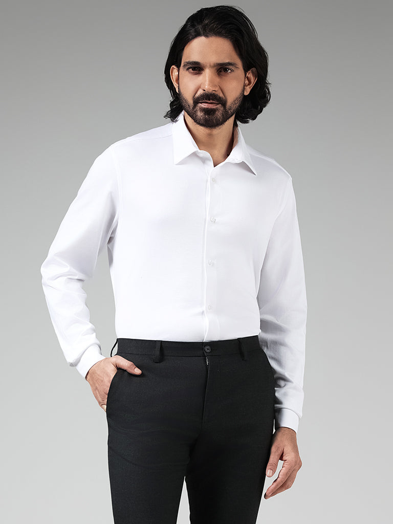 Westside WES Formals Men's Solid White Cotton-Blend Slim-Fit Shirt for Work Wear Front View