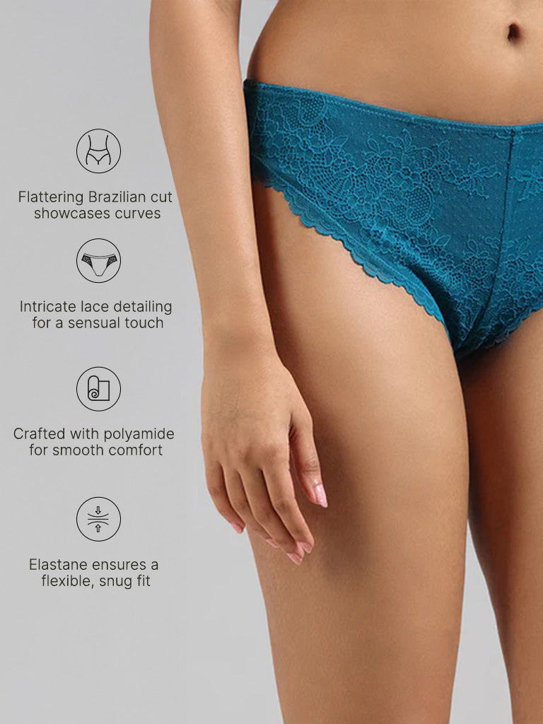 Wunderlove Teal Cotton-Blend Lace Insert Brazilian Briefs